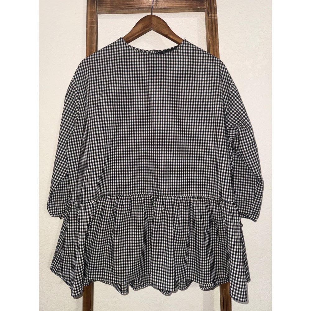 Zara Basic Gingham Peplum Blouse Black White Tie Sleeve Button Back Small - Picture 1 of 11